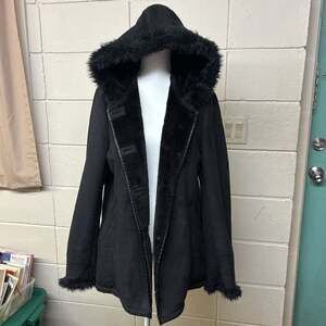 R&O Black Suede Jacket with Faux Fur Collar,Long Sleeve Winter Parka Coat